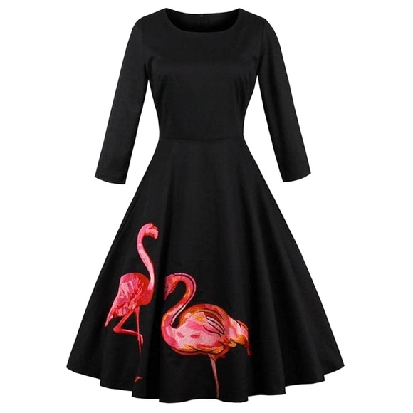 Sucrefas Dress Black ¾ Sleeve Vintage Inspired Flamingo appliqué Circle Skirt - Picture 10 of 14